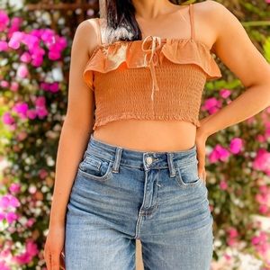 Apricot Colored Smocked Crop Ruffle Tank Top